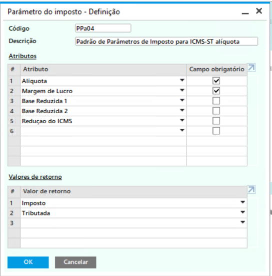 janela: parâmetros do imposto - ICMS-ST