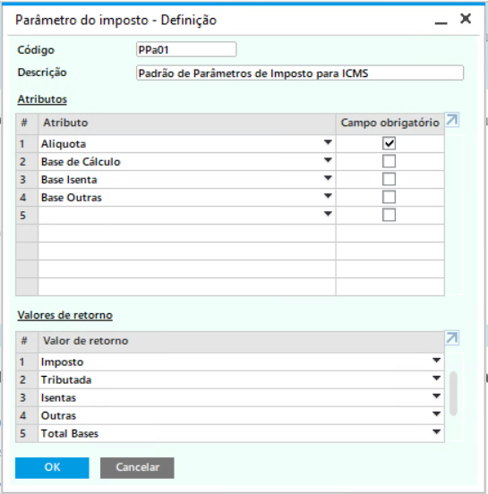 janela: parâmetros do imposto - ICMS